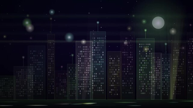 Night city skyline with illuminated skyscrapers under a starry sky and glowing moon