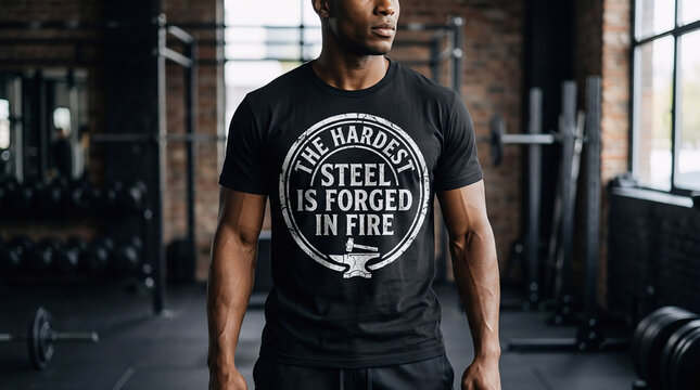 An athletic man wearing a black gym t-shirt featuring a vintage circular stamp design with the quote 'The Hardest Steel Is Forged In Fire' inside a fitness center.