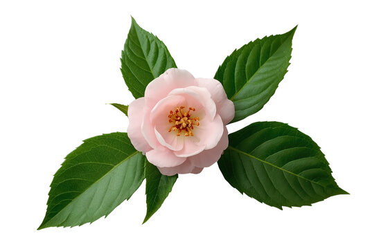 Soft pink five petal bloom with broad leaf arrangement