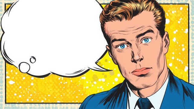 A handsome man with blue eyes looking forward next to a blank comic speech bubble with illustration with illustration
