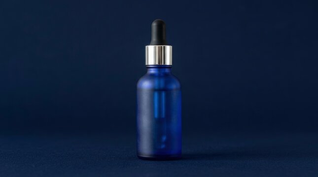 Blue Dropper Bottle with Silver Cap on Dark Background.