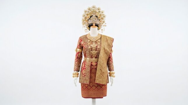 Traditional Palembang Indonesian Bridal Wedding Costume with Golden Crown on Mannequin