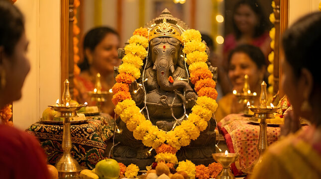 Decorated Lord Ganesha idol with yellow marigold flower garlands.