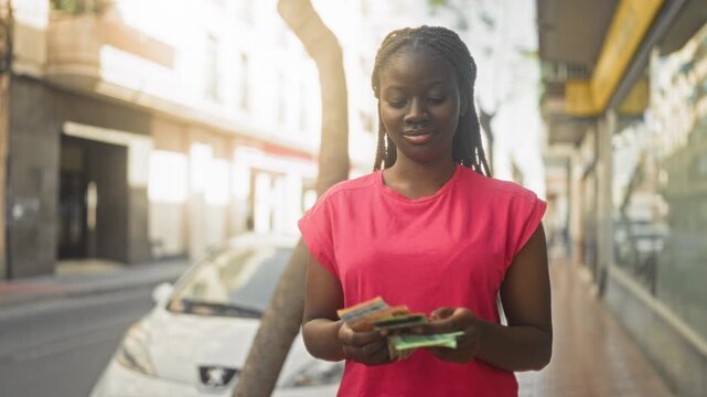 Woman counting rand banknotes with hands on street near parked car and storefront, fanning cash; savings contentment.