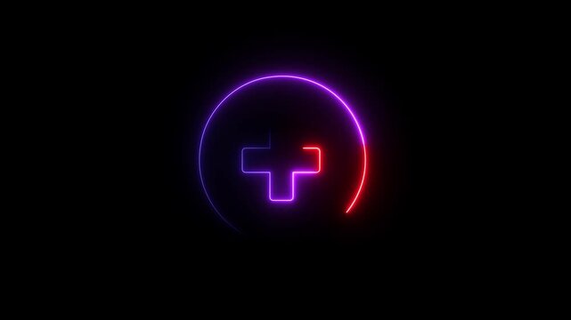 Glowing neon red and purple plus sign icon inside a circular outline on black background