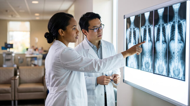 Two medical professionals examine x-ray images on a digital screen in a hospital. They point at specific areas while patients are present in the background