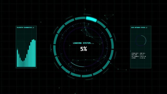 Futuristic digital loading screen interface with circular progress bar, telemetry diagnostics, and data network status on a dark background