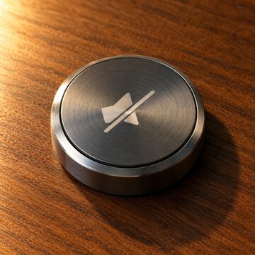 Close view of a mute button pad placed on a wooden desk with warm light highlighting its brushed finish and detail