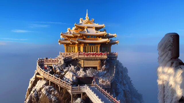 Golden Temple Jin Ding on Snow-Covered Mount Emei Summit with Cloud Sea and Pilgrims