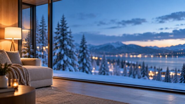 Cozy Modern Winter Cabin Interior with Panoramic Snowy Mountain View at Twilight