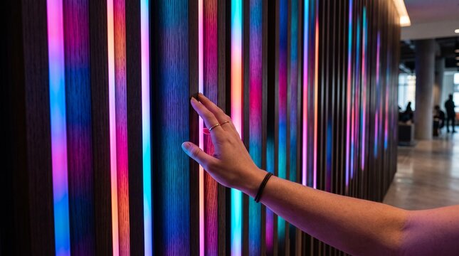 Hand touching a modern wall with vertical LED lights in vibrant colors