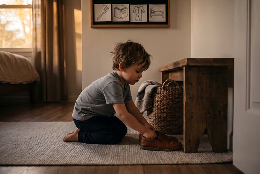 Child Organizing Bedroom Items During Daily Life Skills Routine