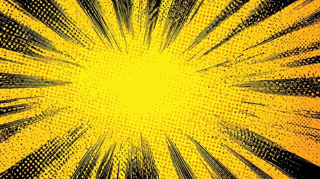A vibrant yellow comic book style burst background featuring bold black radial lines and a textured halftone dot pattern