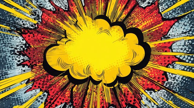 A vibrant yellow comic book style speech bubble surrounded by a dynamic red with against vibrant background explosion graphic large