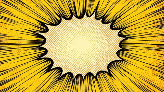 A vibrant yellow comic book style burst frame featuring a central blank space for text with radial speed lines with texture designed highlight