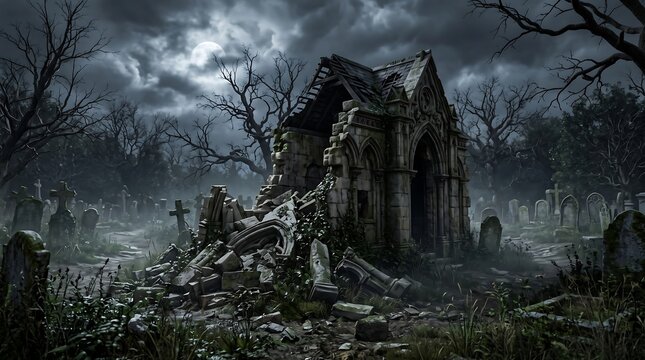 Stone gothic crypt ruins stand amidst overgrown tombstones under moonlit cloudy sky in foggy night.