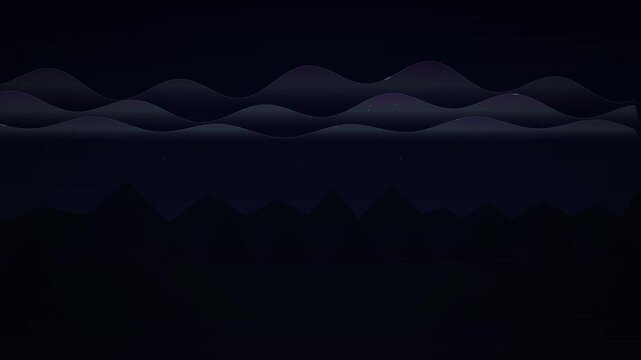 This dark, stylized illustration functions as a looping background overlay, featuring undulating waves and jagged mountain silhouettes against a starry night sky.