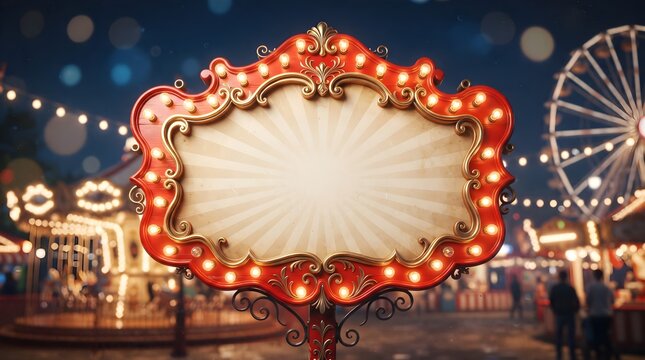 Vintage Circus Marquee Sign Board Frame with Glowing Light Bulbs at Amusement Park Night Background