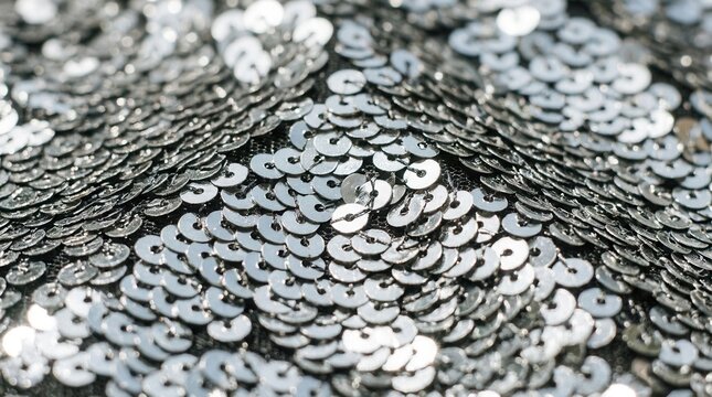 Close-up of a shimmering pile of silver and gray sequins.