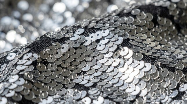 Close-up of a shimmering silver sequin fabric texture.