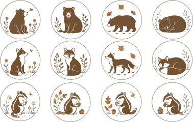 Obraz premium Woodland animal circular icons with bear fox and chipmunk