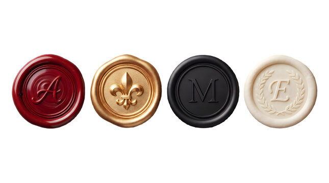 Luxury Vintage Wax Stamp Seals Collection with Monograms and Fleur de Lis Isolated on Transparent Background