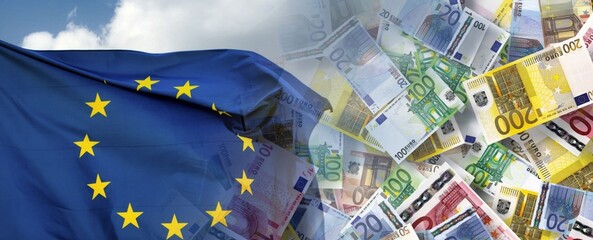 EU flag waves beside falling euro bills. Sky clouds drift above the scene. Money rains down from above. Symbolizes economic growth and unity. Ideal for financial or political visuals © Issarawat Tattong