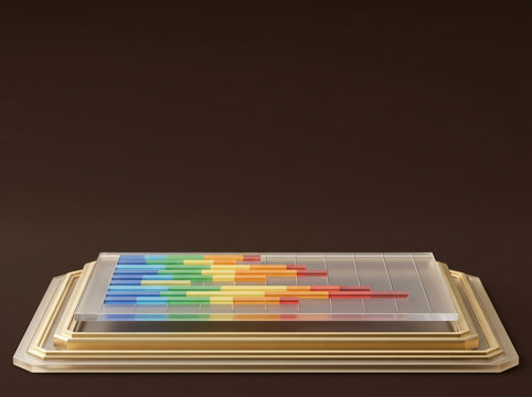 Elegant 3D Render of Multi-Colored Horizontal Bar Chart on Translucent Glass Pedestal with Golden Accents for Business Data Visualization Background