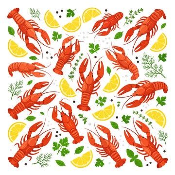 Seamless Pattern of Red Lobsters, Lemon Slices, and Herbs on White Background
