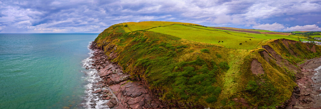 St Bees Beach and Coastal Cliffs with Holiday Park in Cumbria England