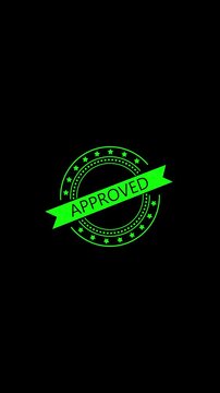 Neon green approved stamp animation on black background features glowing circular badge with stars and ribbon effect for validation success confirmation in dynamic motion style.