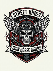 Fototapeta premium Biker Skull Badge with Wings and Pistons on Plain Light Background