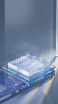 Abstract futuristic technology background with glowing holographic data charts on crystal glass platform with prismatic light reflections.