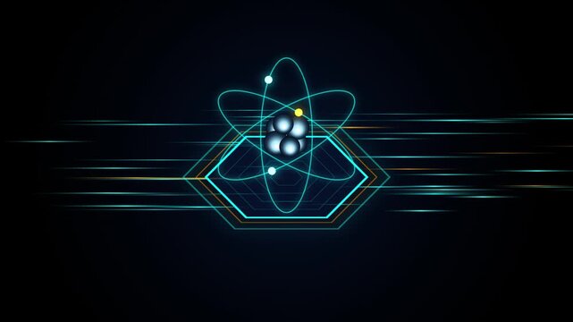 Abstract digital atom model with glowing orbital paths and nucleus particles on a dark background, representing science, technology, and quantum physics