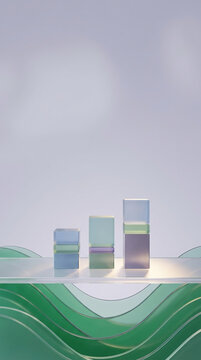 Abstract 3D business growth chart with colorful translucent glass blocks on a reflective surface against a soft gradient background for data analysis