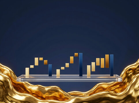 Financial Stock Market Candlestick Chart on Glass Platform with Golden Liquid Waves Background for Luxury Investment and Trading Concept Illustration