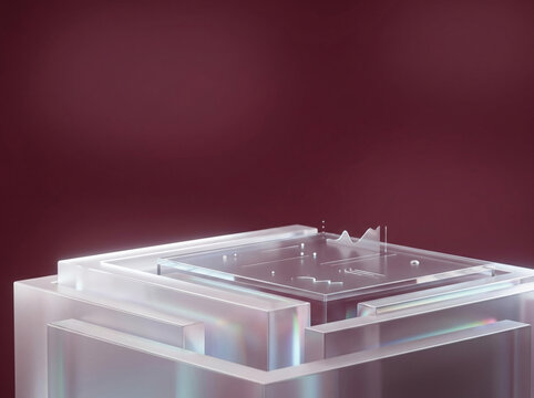 Futuristic Glass Podium and Pedestal Stage for Product Display with Holographic Data Icons and Tech Elements on a Deep Burgundy Studio Background