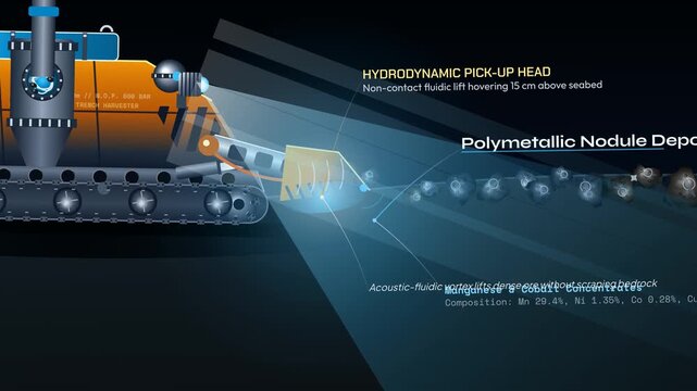 Animation of a deep sea mining crawler extracting polymetallic nodules from the abyssal seafloor with a hydrodynamic pick-up head and closed-loop centrifugal slurry separation core