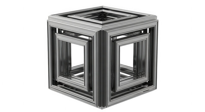 Abstract metallic cube structure with geometric frame isolated on transparent background