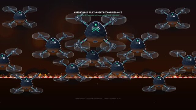 Autonomous drone swarm executing tactical echelon formation to extinguish a wildfire with bio-retardant drops, demonstrating decentralized mesh network reconnaissance in 2D animation