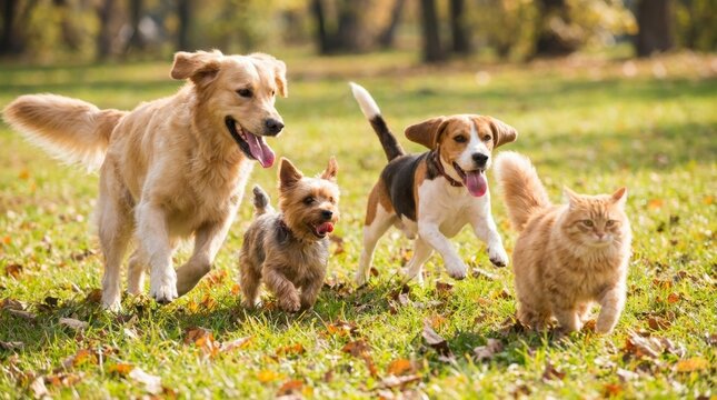 Playful Dogs and Cat Enjoying Sunshine on Green Lawn in Park