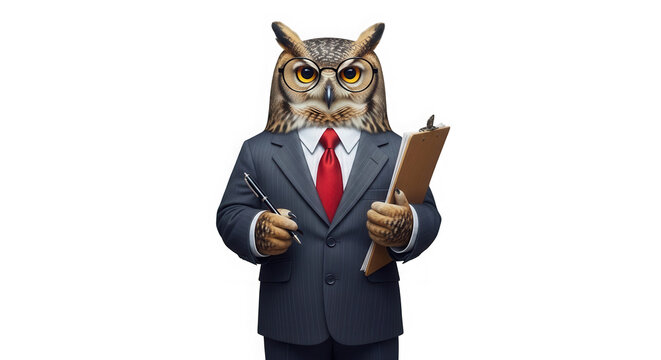 Owl head businessman wearing a suit and holding a clipboard isolated on transparent background
