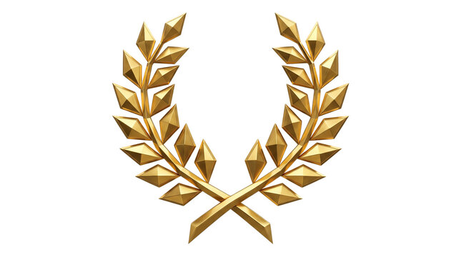 Golden laurel wreath with low poly geometric leaves, 3d metallic trophy crown for winners, shiny gold award symbol on white background