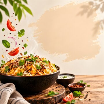 Chicken biryani with spiced rice, herbs, tomato, mint and rustic food presentation