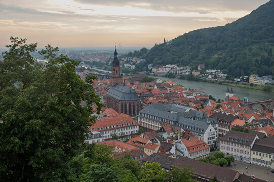 Heidelberg Cityscape at Dusk: Scenic View Overlooking the Neckar River