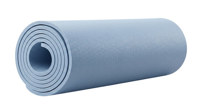 Blue yoga mat rolled up on white background, textured foam fitness mat for pilates and exercise, portable workout equipment for home gym