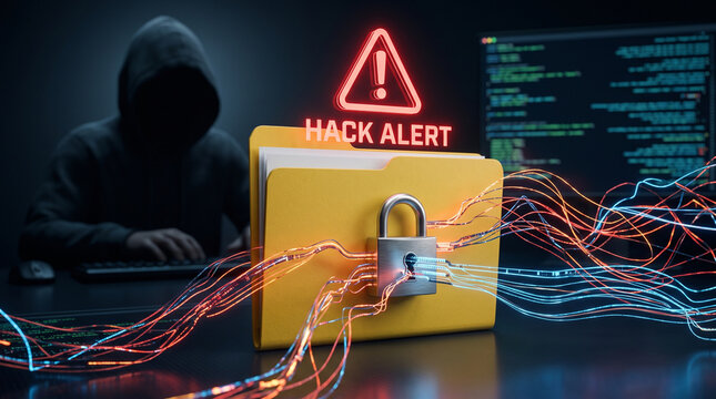 A mysterious figure in a hoodie sits in a dark room, with a 'Hack Alert' sign and a locked folder showing data interference.