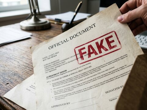 Official Document Stamped Fake on a Wooden Desk