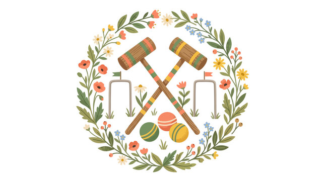 Croquet Game Wreath with Mallets, Balls, and Hoops, Floral Border