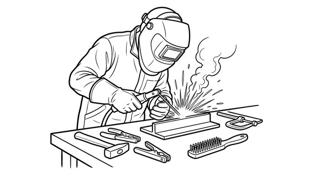 Industrial welder line art illustration, professional metalworker welding steel on workbench, manual labor and manufacturing concept
